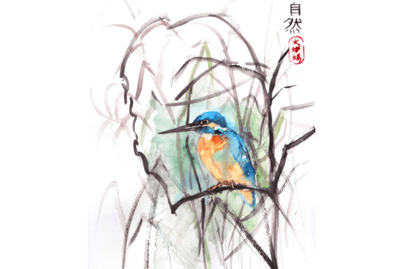 A Zen Watercolor Kingfisher for Illustrations & Graphics