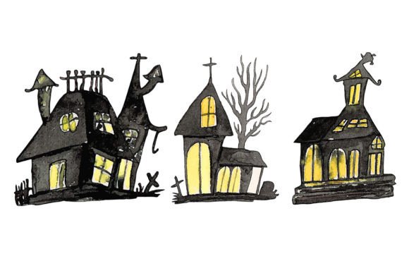 Watercolor Haunted Houses Graphics for Halloween Crafting